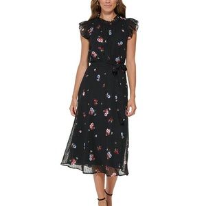 DKNY Swiss Dot Black Floral Midi